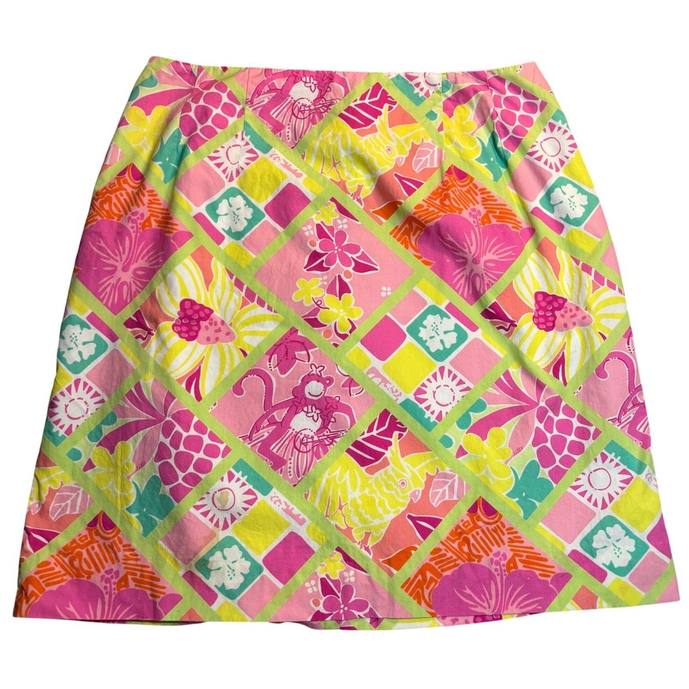 Lilly Pulitzer Vintage Mini Skirt Pink Yellow Tropical Monkey Patchwork Sz 8